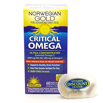 Bundle - 2 Items: 1 Bottle of Critical Omega Norwegian Gold Ultmate Fish Oils By Renew Life - 60 Fish Gels and 1 VDC Pill Box