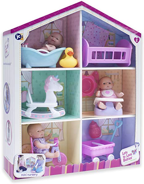 JC Toys Lots to Love Babies - With 3 5" Vinyl Dolls, 6 Accessories, & Reusable Box Playhouse Gift Set