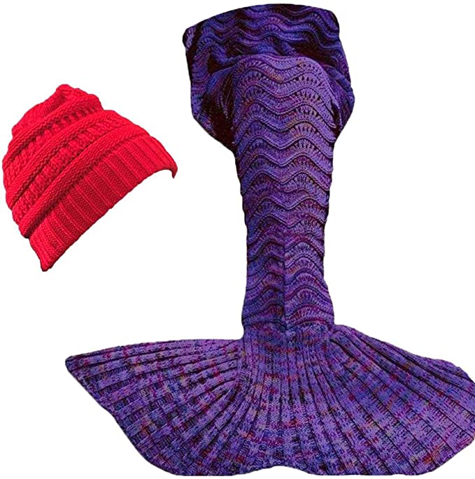 ORIONDUST Mermaid Tail Blanket with Free $15.00 Value Gift- Christmas RED Ponytail Beanie - 77"x37" XL Size for Adults, Teens, Kids, Great Gift idea for Christmas Warm Soft Mermaid Blanket