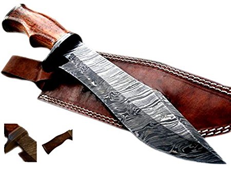 Nescole 15 inch Bowie Knife- Handmade Damascus Knife- Decorative Knives, Camping Survival Knife, and Hunting Knife with Exquisite Walnut Wooden Handle, 9.9 inch Sharp Blade with Leather Sheath