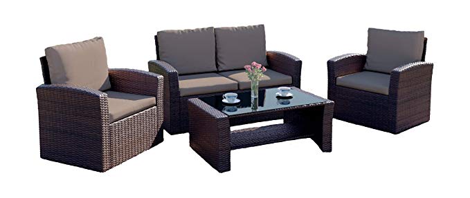 New Algarve Rattan Wicker Weave Garden Furniture Patio INCLUDES PROTECTIVE COVER Conservatory Sofa Set (Dark Brown with Dark Cushions)