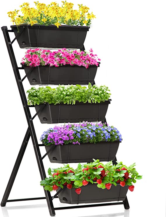 KING BIRD 4ft Vertical Raised Garden Bed 5 Tiers Planter Box Freestanding Garden Planter Outdoor and Indoor with Removable Tray for Growing Vegetables Herbs Flowers on Patio Balcony Black