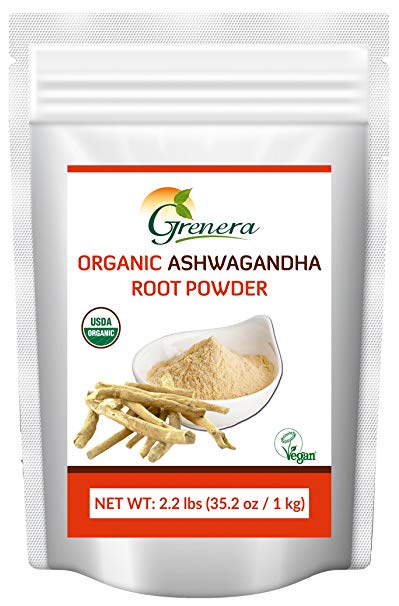 Grenera Organic Ashwagandha Powder 2.2 lbs (35.2 Ounce)- USDA Organic, Vegan, Kosher Cetified