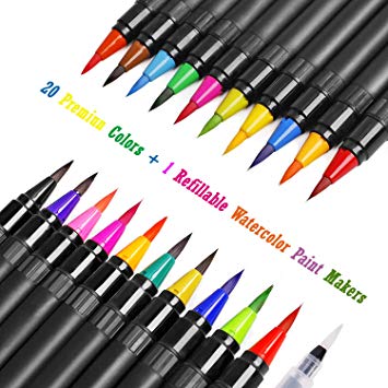 Watercolor Brush Makers Pens,20 Premium Colors with 1 Refillable Watercolor Paint Marker,Professional Watercolor Pens Set for Kids Adults Painting,Drawing,Coloring,Comic,Calligraphy&More,100% Nontoxic