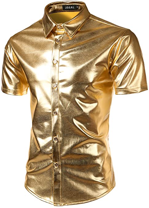 JOGAL Men's 70s Disco Shiny Metallic Gold Silver Short Sleeve Button Down Shirts