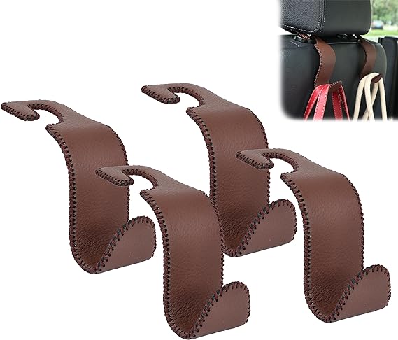 Amooca Car Seat Headrest Hook Universal Vehicle Storage Hanger Leather with Metal Car Seat Back Organizer for Handbag Purse Coat Brown 4 Pack