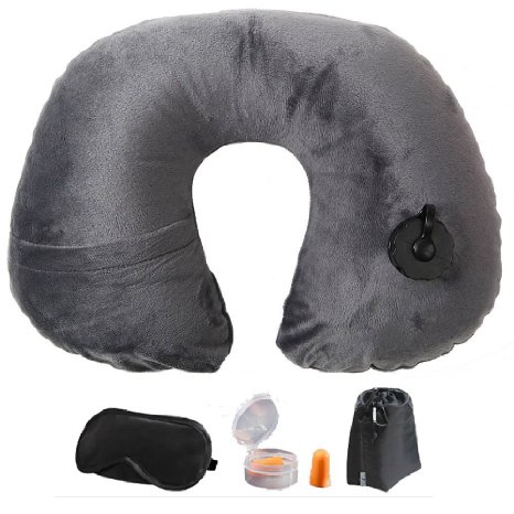 Lucear Inflatable Travel Pillow Set- Velvet Travel Neck Pillow Sleep Mask Earplugs - Including Carry Pouch for Convenient Storage - 3 Seconds Inflate Full Gray