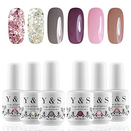 Y&S Soak Off Gel Nail Polish Sets 6 Colours Glitter UV LED Gel Polish Set Washable Manicure Varnish Kit #002, 8ml