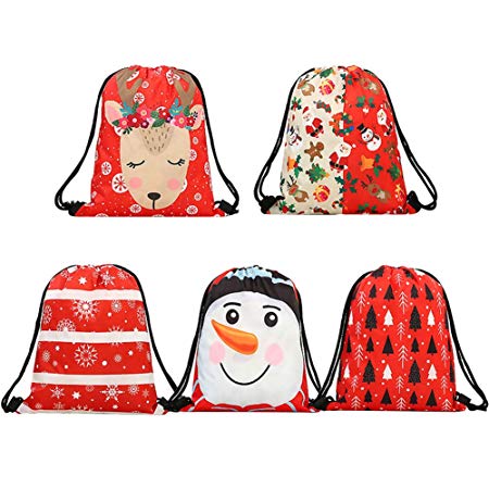 iShyan Christmas Drawstring Gift Bags, 5 Pack Santa Sacks Drawstring Backpack Bags for Christmas Gifts Party Favor