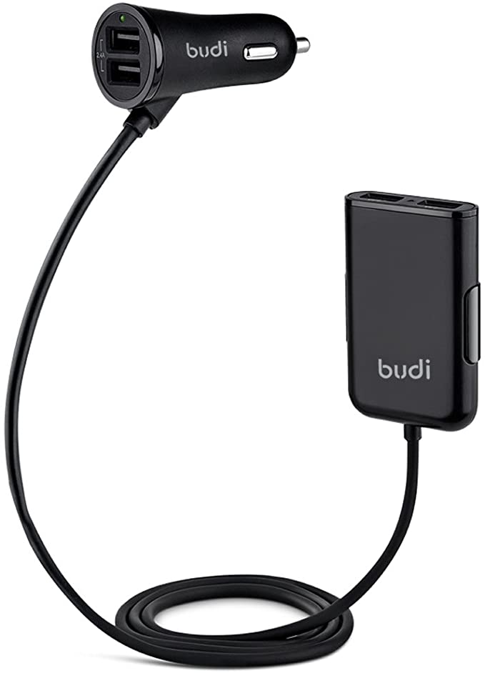 Budi Car Charger with 4 USB Ports for Front and Backseat Charging, 2 Front Seat USB Ports with Shared 2.4 Amp and 1 Backseat Dual-Port Hub with 2.4 Amp/Port (Black) (Black)