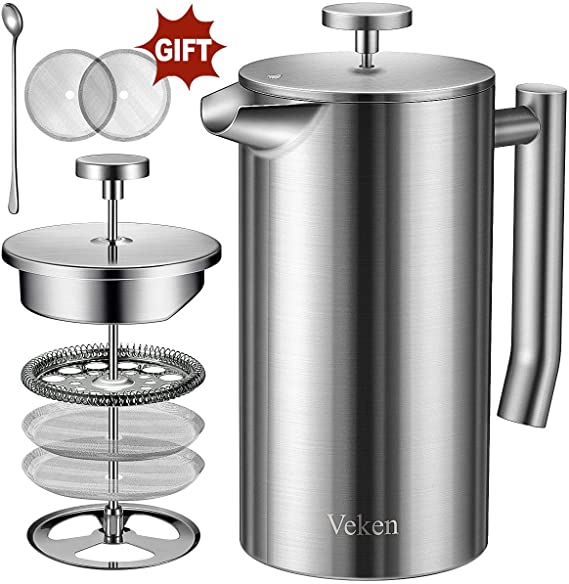 Veken French Press Double-Wall 18/10 Stainless Steel Coffee & Tea Maker, Multi-Screen System, 2 Extra Filters Included, Rust-Free, Dishwasher Safe, (1L)