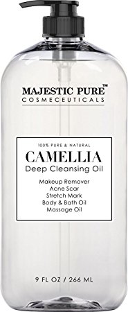 Majestic Pure Camellia Deep Cleansing Oil, Pure & Natural, 9 fl oz - Facial Cleanser & Eye Makeup Remover - Bath & Body Massage Oil - Reduces the Appearance of Acne Scars and Stretch Marks