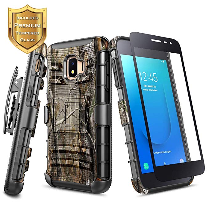 NageBee Galaxy J2 Core / J2 Pure /J2 Dash Case with Tempered Glass Screen Protector (Full Coverage), Belt Clip Holster Full-Body Shockproof Built-in Kickstand Case for Samsung Galaxy J2 (2019) -Camo