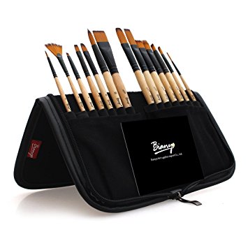 Bianyo Paint Brushes for Acrylic Painting - 14pcs Nylon Brush Set for Watercolor,Oil and Plein Air Painting - Carring Case with Holder
