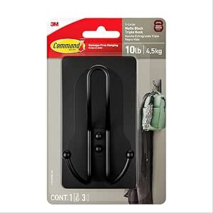 Command X-Large Matte Black Triple Hook, 1 Hook, 3 Command Strips, Damage Free Hanging Wall Hooks with Adhesive Strips, No Tools Wall Hooks for Hanging Decorations in Living Spaces