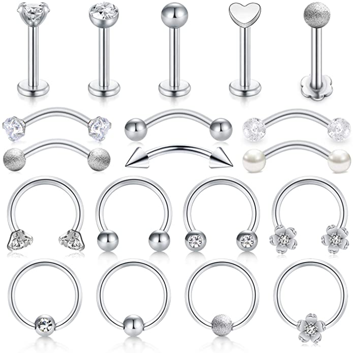 Zolure 16G Tragus Earrings Lip Rings Studs Surgical Steel Cartilage Rook Daith Helix Earring Curved Barbell Eyebrow Rings Horseshoe Barbell Captive Bead Hoop Earring Piercing Jewelry Set