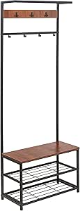 Amazon Basics 7-Hook Coat Rack with Shoe Bench and 3-Tier Storage, Black, 70.1 x 32 x 180.3 cm