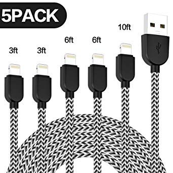 WSCSR iPhone Charge Cable, 5Pack [ 3/3/6/6/10ft ] Extra Long Nylon Braided Durable Lightning Charger , Fast Charge USB Cable and Data Sync Cord for iPhoneX/8/8p/7/7p/6/6s/6p/5/5s, iPad, iPod and More（Black & White）