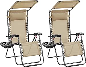 Yaheetech Outdoor Zero Gravity Chair Foldable Recliner Adjustable Patio Lounge w/Canopy Shade, Side Cup Holder Tray, Carry Strap for Garden Beach Lawn Deck Beige/2