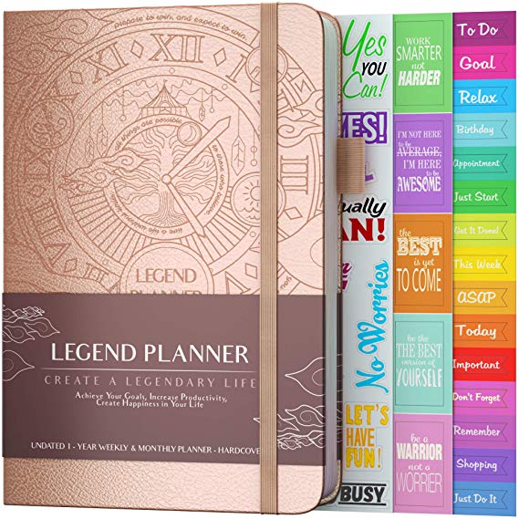 Legend Planner - Deluxe Weekly & Monthly Life Planner to Hit Your Goals & Live Happier. Organizer Notebook & Productivity Journal. A5 Hardcover, Undated - Start Any Time   Stickers - Rose Gold