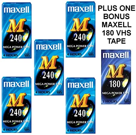 Box of 5 Maxell M 240 VHS Blank VHS Video Tape Cassettes Plus 1 Bonus Maxell M 180 Tape