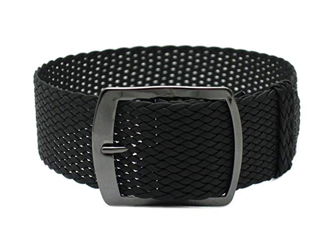 HNS 22mm Black Perlon Tropic Braided Woven Watch Strap with PVD Buckle