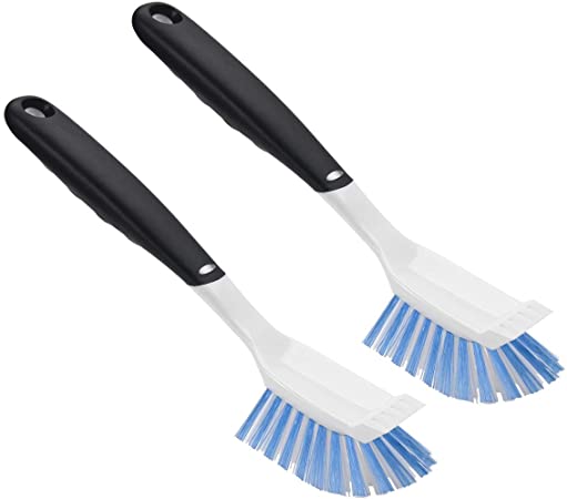 Titanker Dish Scrub Brush, Kitchen Brushes with Non-Slip Handle, Cleaning Brushes with Top Scraper for Kitchen, Sink, Bathroom, Set of 2