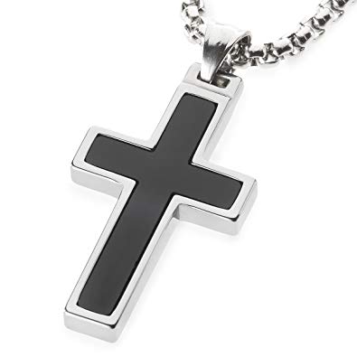 Unique GESTALT Onyx Inlay Tungsten Cross Pendant. 4mm Wide Surgical Stainless Steel Box Chain.