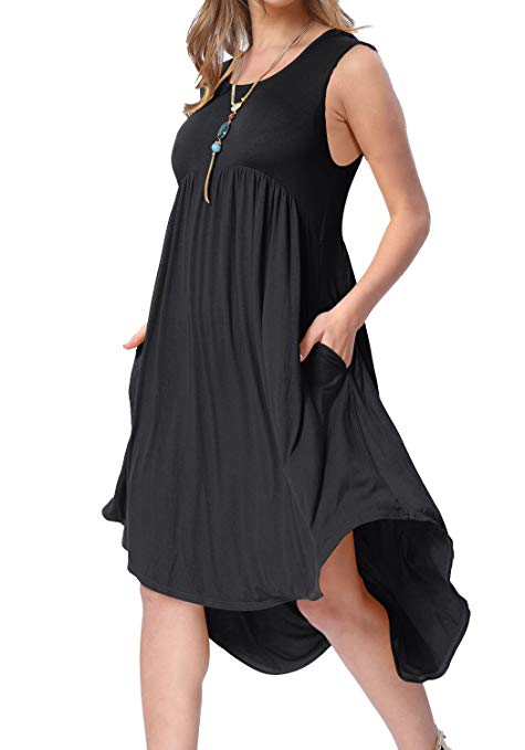 levaca Womens Summer Plain Sleeveless Pockets High Low Casual Swing Midi Dress