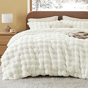 Bedsure Fluffy Comforter Set Queen - White Faux Fur Comforter Queen Size, Soft Shaggy Plush Bubble Bedding Comforter Sets, Winter Warm Luxury Fuzzy Bed Set 3 Pieces, 1 Comforter and 2 Pillowcases