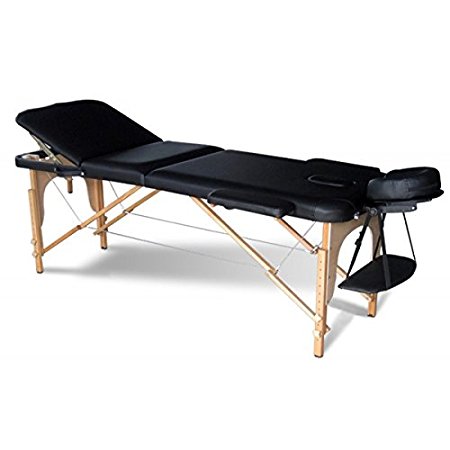 Portable Wooden 3 Fold Massage 3'' Padding Table Spa Tattoo Reiki Facial Height Adjustable (Black) with free carrying bag