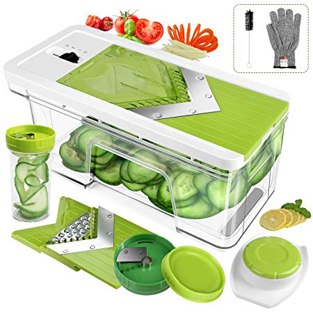 ONSON Adjustable Mandoline Slicer with Spiralizer Vegetable Slicer - V Blades Food Slicer Veggie Slicer Cutter Zoodle Maker - Vegetable Spiralizer with Julienne Grater