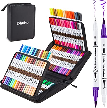 120-Colors Art Brush Markers Set, Ohuhu Dual Tips Coloring Fineliner Color Marker Pens, Water Based Marker Pencils for Calligraphy Drawing Sketching Adult Coloring Bullet Journal Kids Gifts