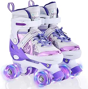 TOMSHOO Roller Skates for Girls Kids Child Beginners, 4 Size Adjustable Light up Wheels Fun Illuminating Purple Pink Skates for Boys Toddlers Patines para niñas