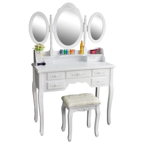 Tribesigns Vanity Makeup Table Set with Stool and Mirror (3 Mirror   7 Drawer)