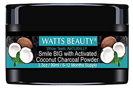 Watts Beauty Activated Coconut Charcoal Powder for Whiter Teeth Without Sensitivity - All Natural Teeth Whitening Charcoal for a Brighter Smile, Naturally - Large 3.3oz