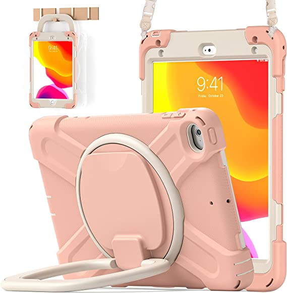 BATYUE iPad Mini 5 Case,iPad Mini 4 Case, Heavy Shockproof Drop Case with Pencil Holder , 360° Swivel Stand , Shoulder Strap;Cover for iPad Mini 5th/4th Generation 7.9 Inch;for Kids(Rose Gold)