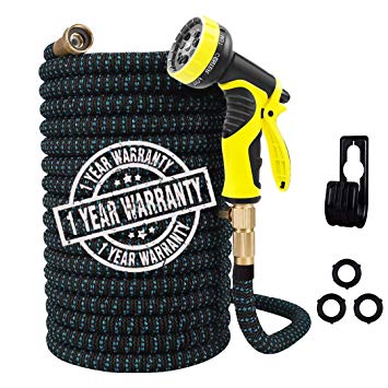 BRIGHTSHOW 50ft Expandable Garden Hose, Extra Strength/Double Latex Core/No-Kink Lightweight/3750D Polyester Strength Fabric/10 Function Spray Hose Nozzle, 3/4 Solid Brass Connectors Water Hoses (50)