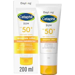 CETAPHIL SUN Liposomale Sonnenlotion SPF 50 , 200ml, Dermatologischer Sonnenschutz für trockene, empfindliche Haut, Sofortiger & hochwirksamer UVA- & UVB-Schutz, Extra wasserresistent, Ohne Duftstoffe