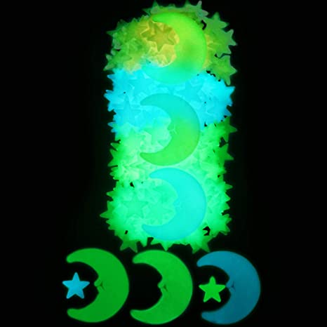 406 Pieces 3D Glowing Stars Stickers Set 400 Pieces Luminous Stars Stickers and 6 Pieces Moon Wall Decals for Nursery Kids Bedroom Living Room Ceiling and Wall