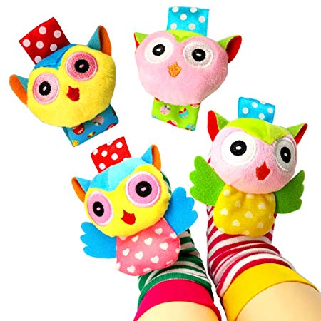Baby Socks Toys, Baby Infant Wrist Rattles and Foot Rattles Finder Socks Toy Set, Early Educational Development Animal Rattles Toy Gift for Boys and Girls (4 Packs)