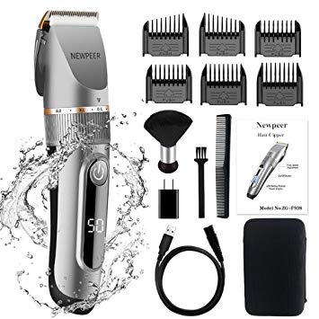 NEWPEER Hair Clippers for Men Cordless Hair Clippers Beard Trimmer Professional IPX7 Waterproof USB Rechargeable Hair Cutting Kit LED Display for men/kids with Neck Duster