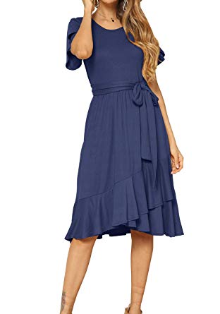 levaca Women's Plain Casual Flowy Short Sleeve Midi Dress with Belt