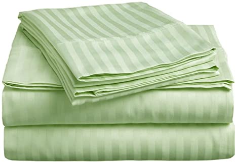 Deluxe Hotel Premium Quality 100% Cotton Sateen Stripe 300 Thread Count Sheet Set, King Size, Sage Green Color