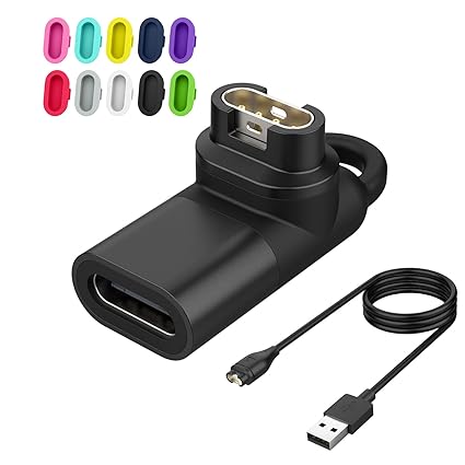 MoKo Charger Cable Compatible with Garmin Fenix 7/7S/7X/6/6S/6X/5/5S/5X/Forerunner 45/245/255/Vivoactive 3/4/Instinct/Venu, 1M USB Charging/Data Cord   1 USB-C Adapters   10 Dust Plugs, Black/Colorful