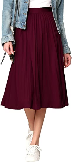 Made By Johnny Women's High Elastic Waist Pleated Mid A-Line Swing Skirt