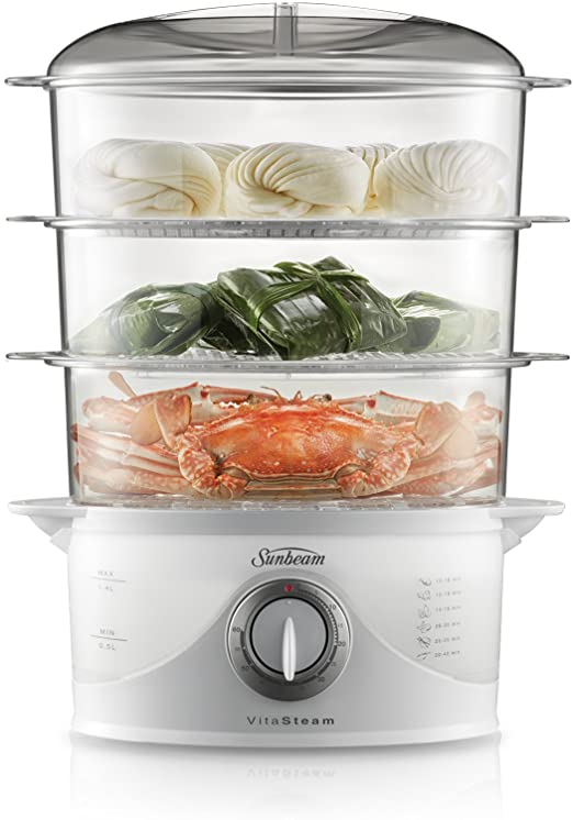 Sunbeam Vitasteam Deluxe 3 Tier Electric Food Steamer | 800W | 9L Capacity | 60 Minute Timer | Compact Nesting Storage | 6 Cup Rice Bowl | White