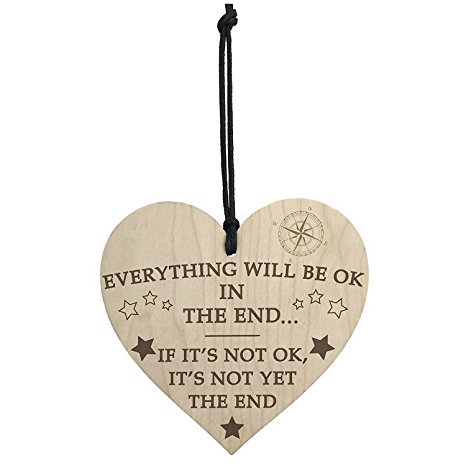 TOOGOO(R) Everything Will Be Okay In The End Hanging Heart Wooden Plaque Motivational Gift