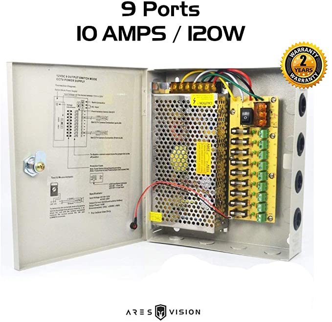 Ares Vision CCTV/LED 12v DC Power Supply Box 10 AMP (9 Port) (9 Port 10AMP)