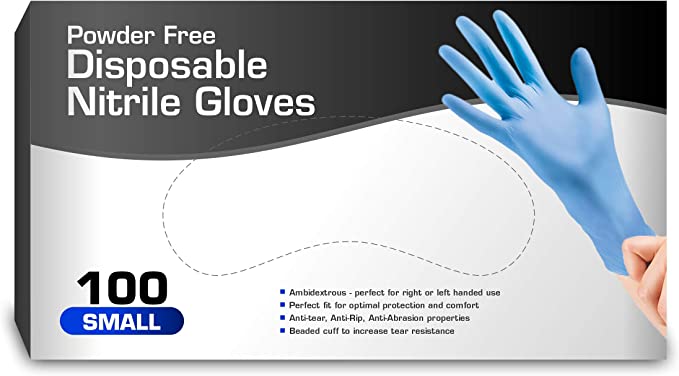 Nitrile - Powder Free, Rubber Latex Free, Non Sterile, Ambidextrous - 100 per box (Blue | Small)